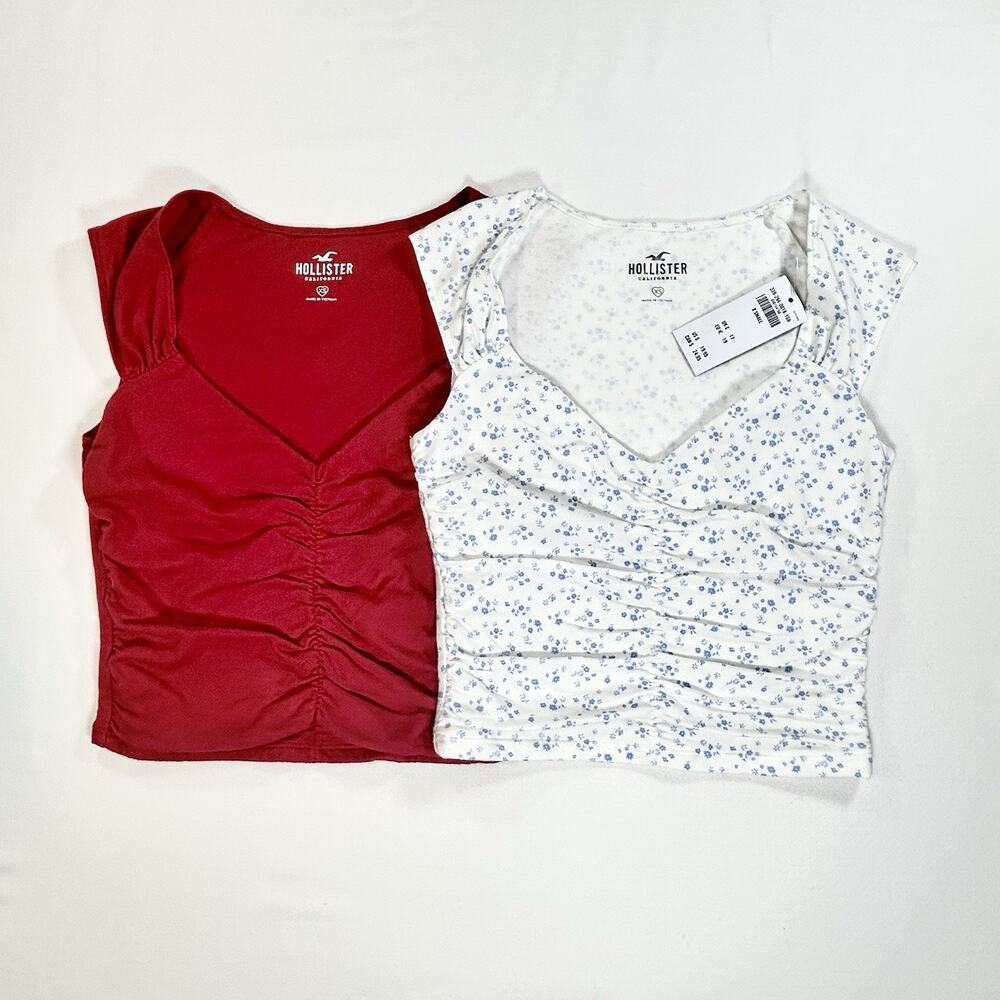 Hollister Ruched V-Neck Tank Top White/Blue Floral and Red - Size XS - Lot of 2